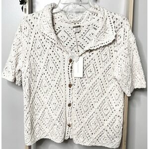 Magaschoni 100%Cotton Crochet Knit Cardigan XS/S NWT Ivory Collared Boho Coastal